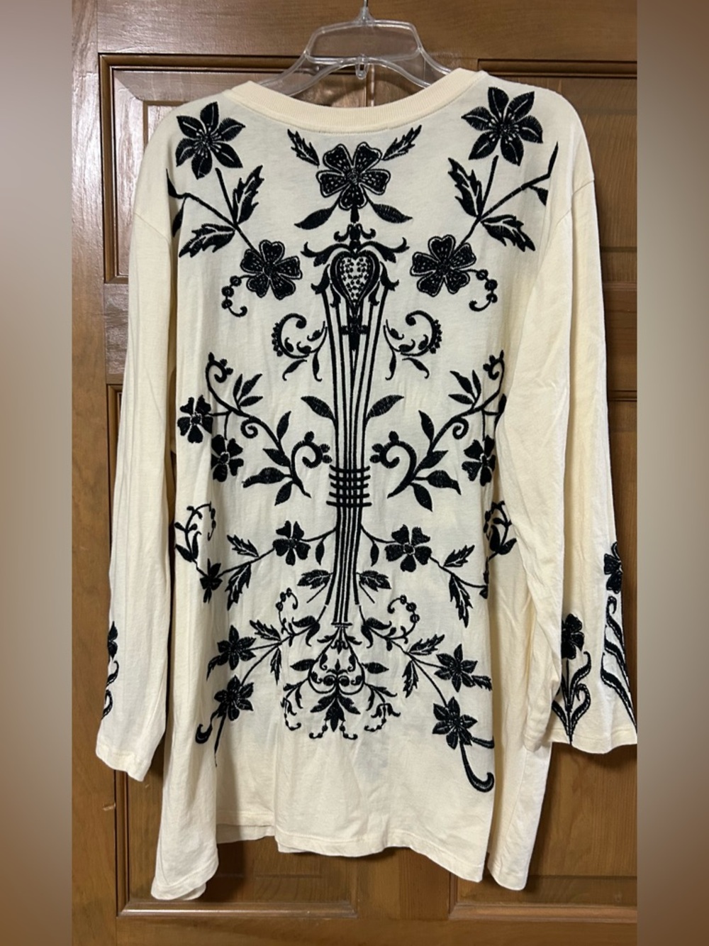 Johnny Was Cream Top with Black Embroidered Floral Motif